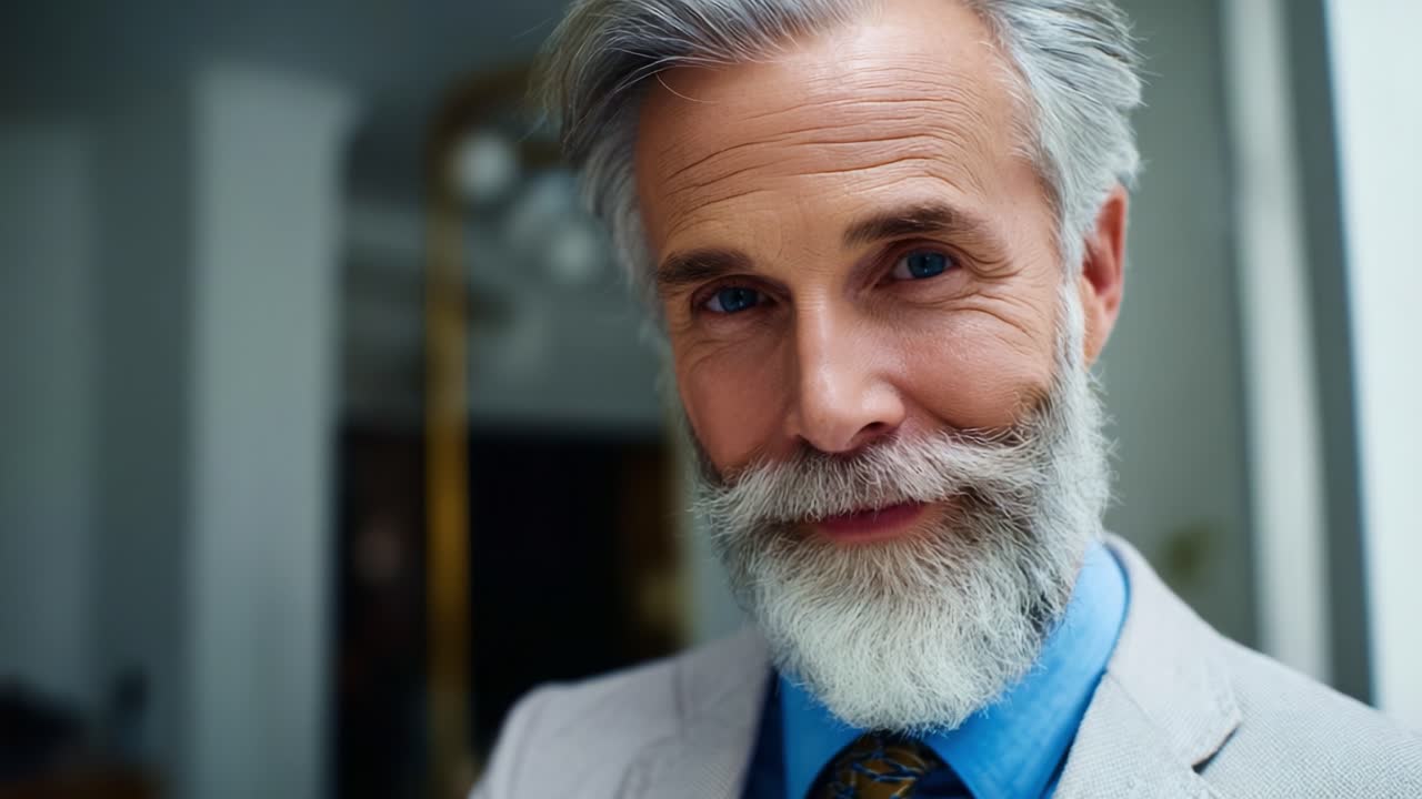Un distinto signore anziano con un sorriso affascinante, che sfoggia una barba grigia e curata e un abito, che emana saggezza e sicurezza in un ambiente professionale