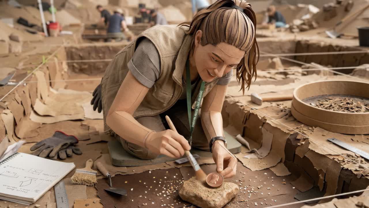 Archaeologist Carefully Brushing Ancient Artifact at an Excavation Site
