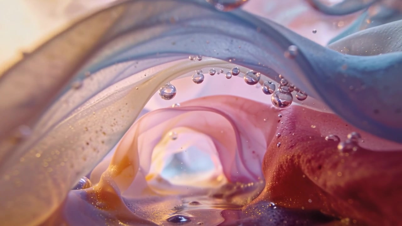Gliding camera being drawn by soft backlight, moving through pastel ribbon tunnel with droplets