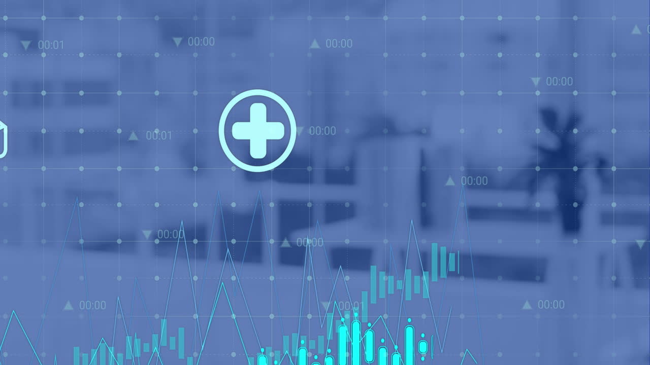 animación de múltiples iconos y gráficos con números cambiantes sobre la silla y la plantación en la oficina.