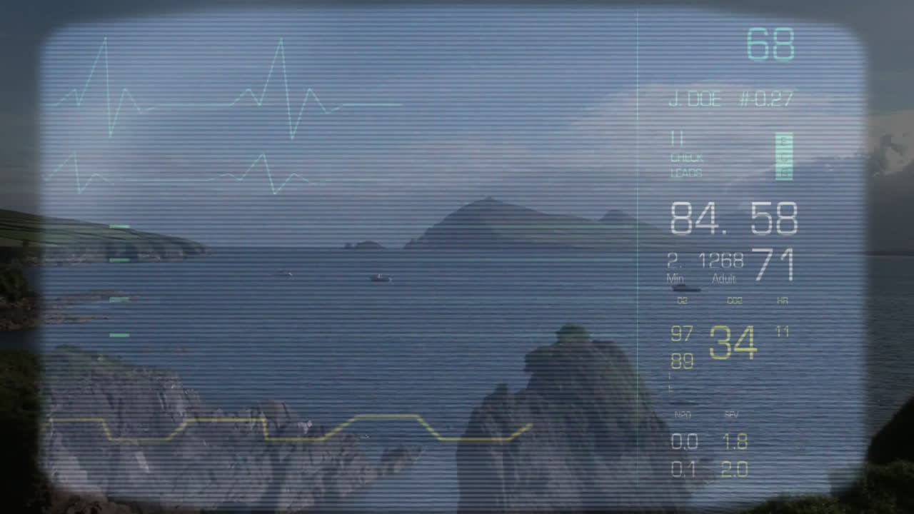 산과 바다를 가진 해안 풍경에 대한 데이터 분석 애니메이션