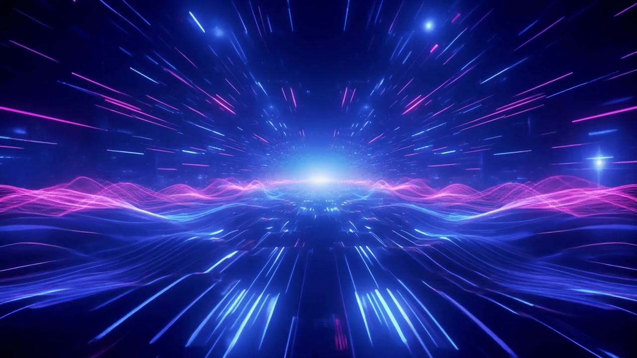 Abstract Digital Tunnel with Glowing Neon Light Waves and Speed Lines