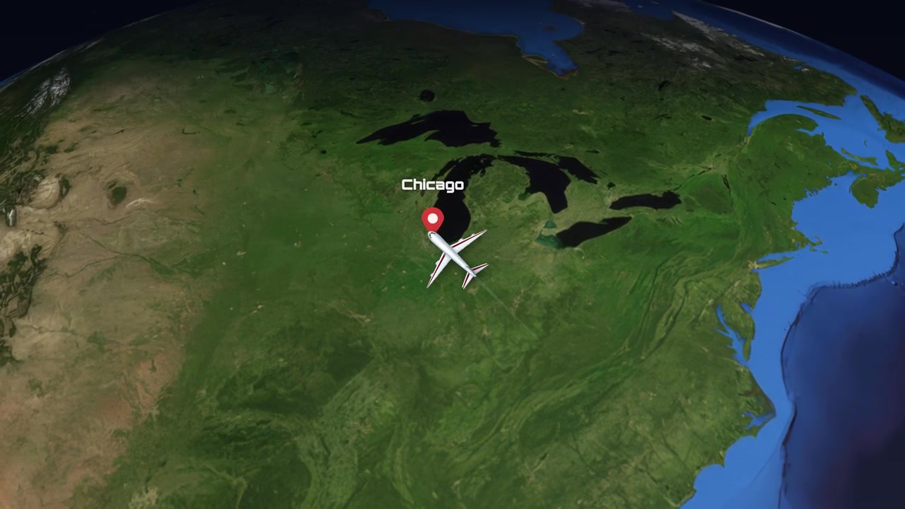 Satellite map animation tracks a commercial airplane flying from Sao Paulo to Chicago across continents