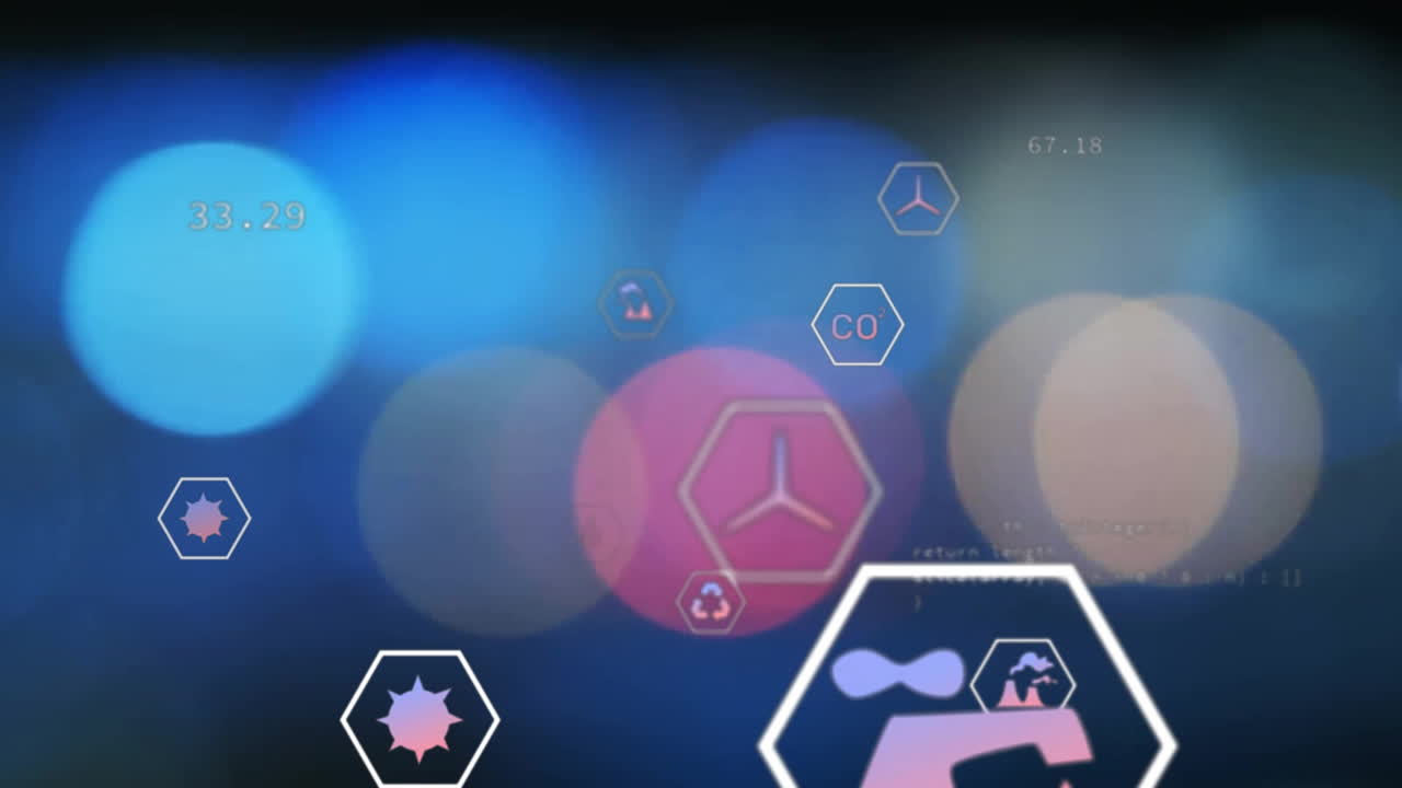 에코 아이콘의 애니메이션 데이터 처리가 초점 밖의 도시 조명