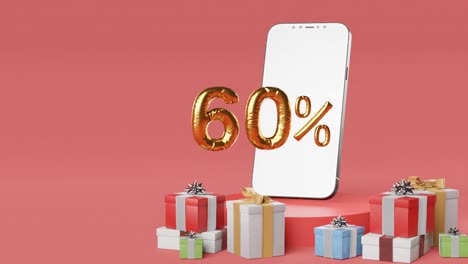 Smartphone-Displaying-Golden-60-%-Beside-Assorted-Gift-Boxes-on-red-background-vertical
