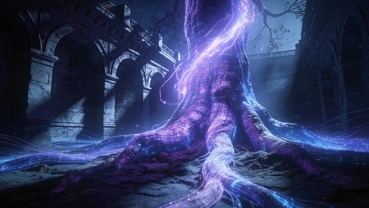 Emerging blue purple filaments running along roots in ruin, ancient tree trunk drawing light inward
