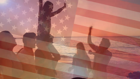 animación de la bandera de los estados unidos de américa sobre amigos divirtiéndose