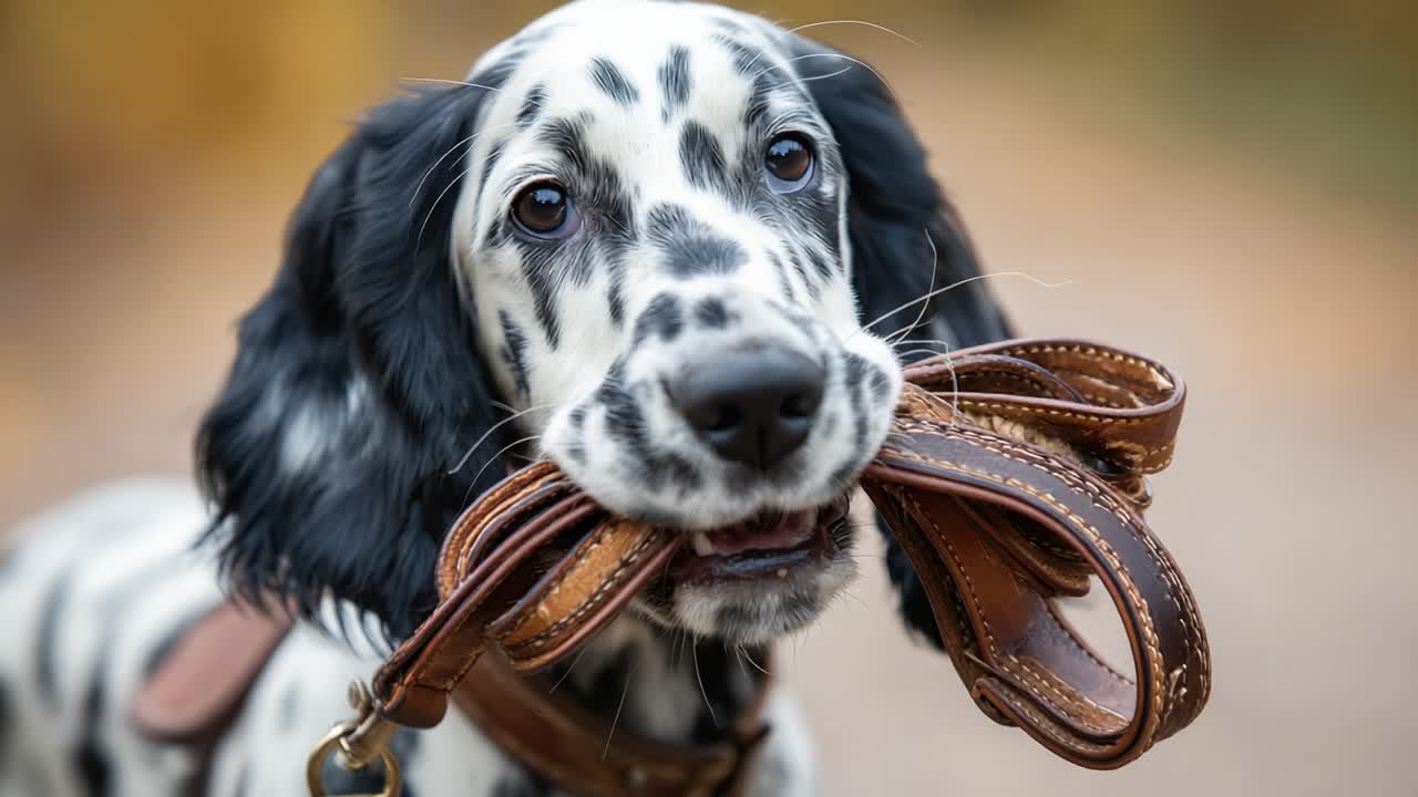 A Playful Dalmatian Grinning with a Leash in Its Mouth Shows Unlimited Energy and Enthusiasm for Adventure and Outdoors, Eager to Explore the World Around It