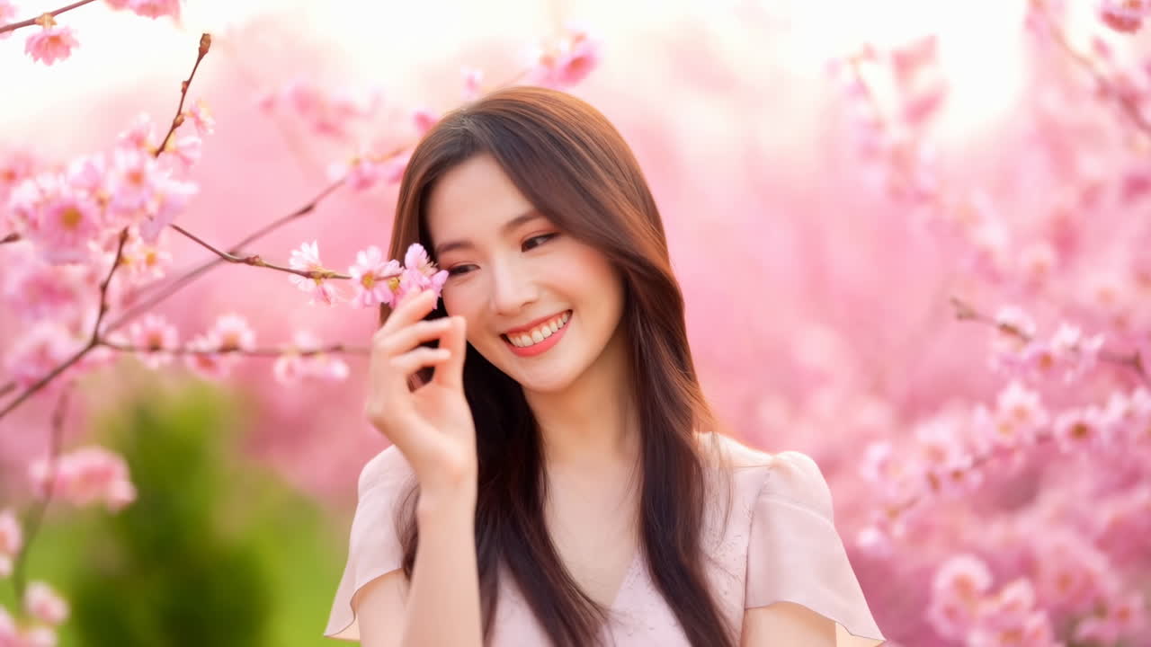 หญิงสาวชาวเอเชียยิ้มแย้มอย่างมีความสุขท่ามกลางดอกซากุระ