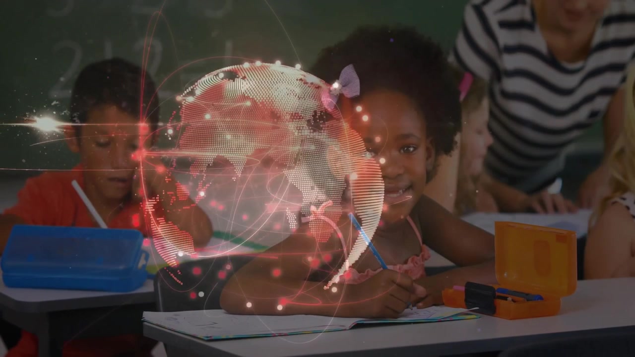 Globe spinning on transparent backdrop revealing classroom teacher aiding student writing in school