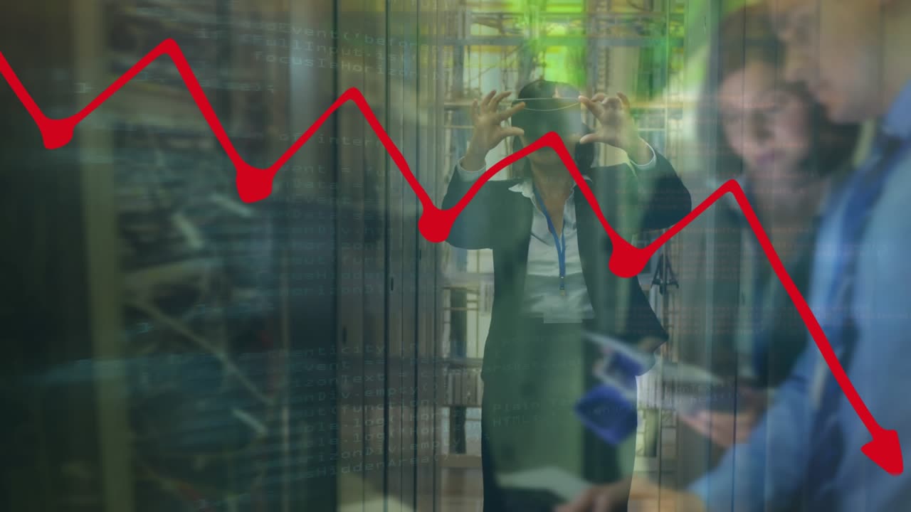 Animation of data processing and graph over diverse business people in office