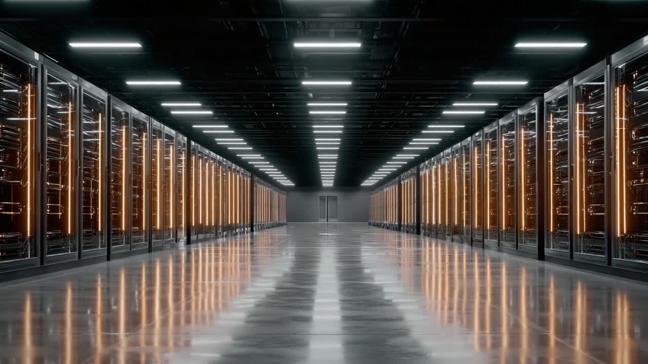 Interno di un data center ad alta tecnologia che mostra file di server rack illuminati da luce ambientale, enfatizzando l'architettura e l'infrastruttura informatica moderna.