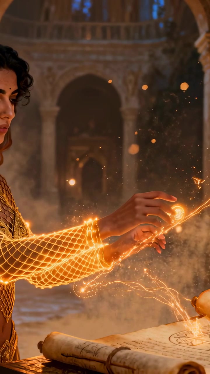 Wanita mengangkat tangan di atas gulungan, menggambar sigil bercahaya dari buku terbuka untuk desain ritual fantasi.