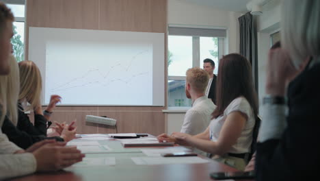 el director de marketing está presentando gráficos de crecimiento de ganancias en una reunión con colegas y socios