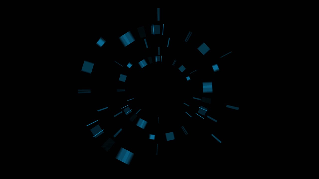 Blue particles with light streaks rotate and fly outwards, forming abstract vortex or tunnel on black background, tech or sci-fi concept