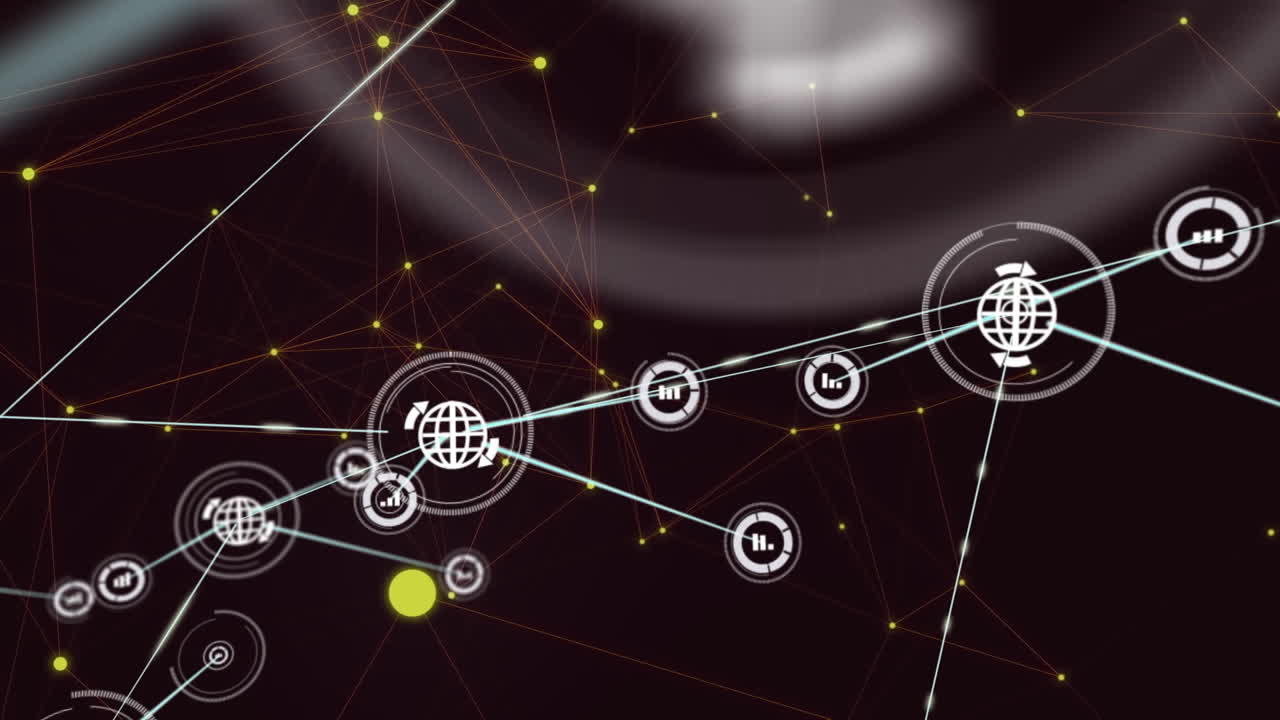 Animation of network of connections with digital icons over yellow spots