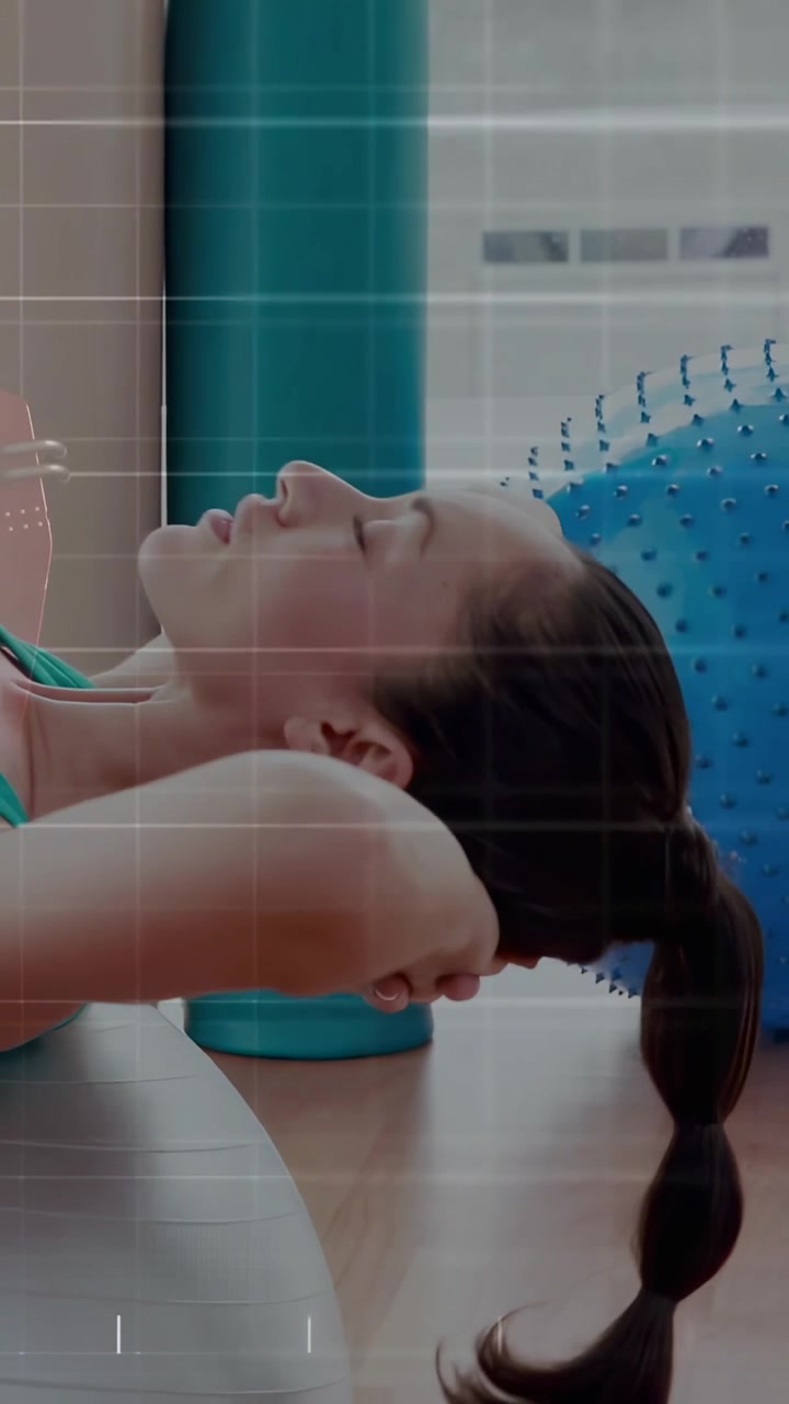 Vídeo vertical: Mulher iniciando abdominais, levantando o tronco em uma bola, com gráficos rastreando repetições para fitness