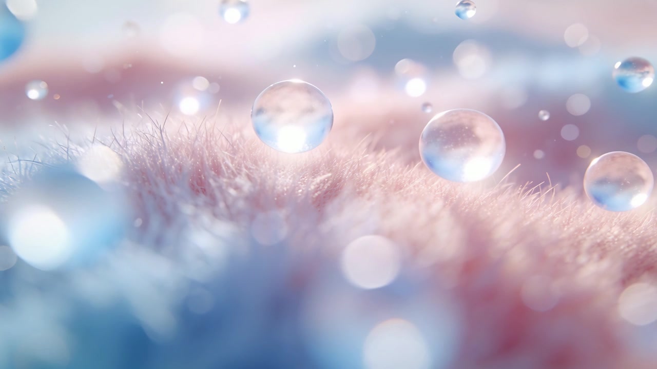 Shifting camera showing clear droplets drifting across soft fibrous surface with bokeh