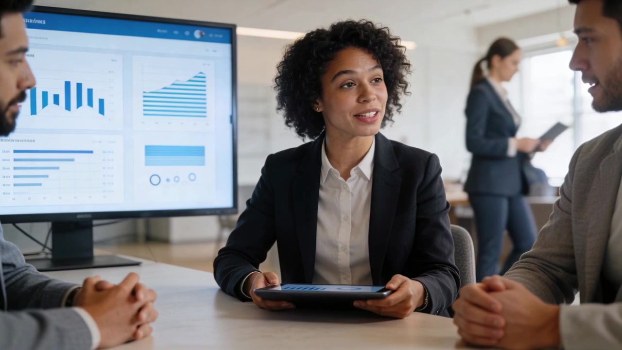Tapping tablet, woman in dark blazer navigating charts at conference table, guiding discussion