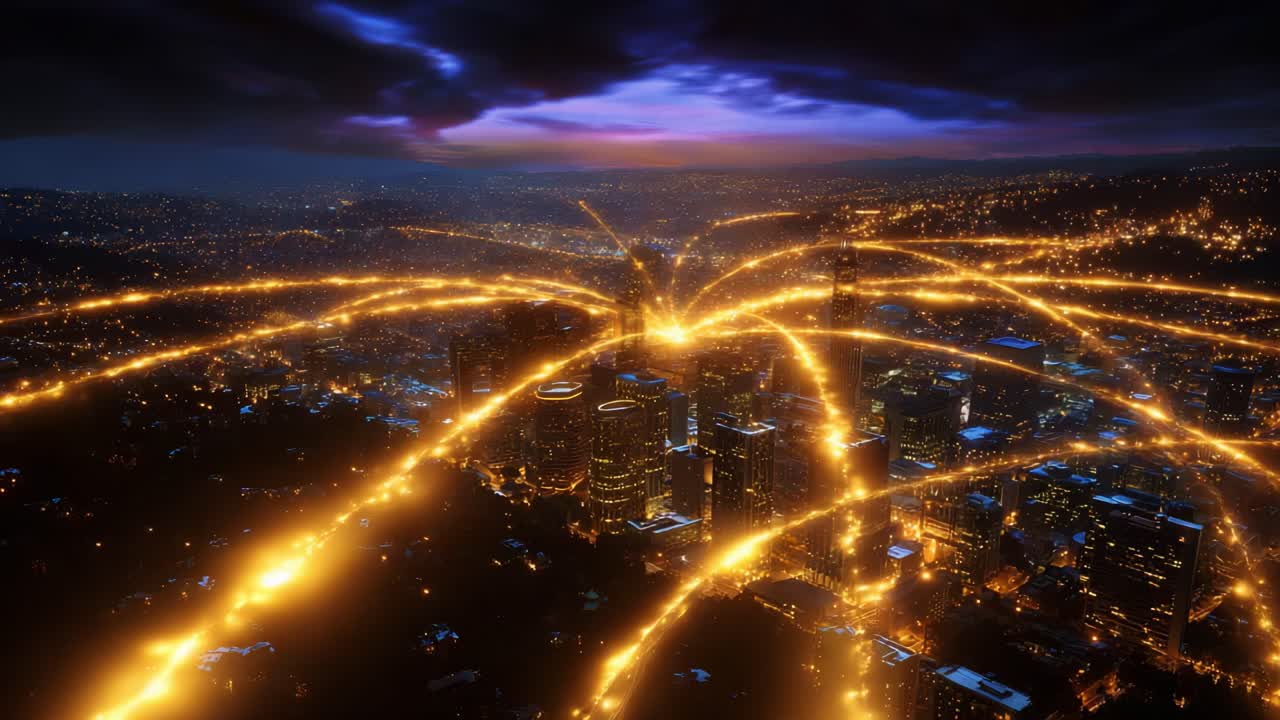 A Stunning Aerial View Capturing the Vibrant Interconnectivity of a City at Night, Showcasing Bright Energy Trails Illuminating the Urban Landscape Against a Dramatic Sky