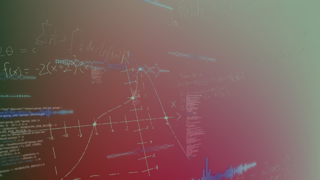 Animation of data processing and mathematical equations floating against purple gradient background