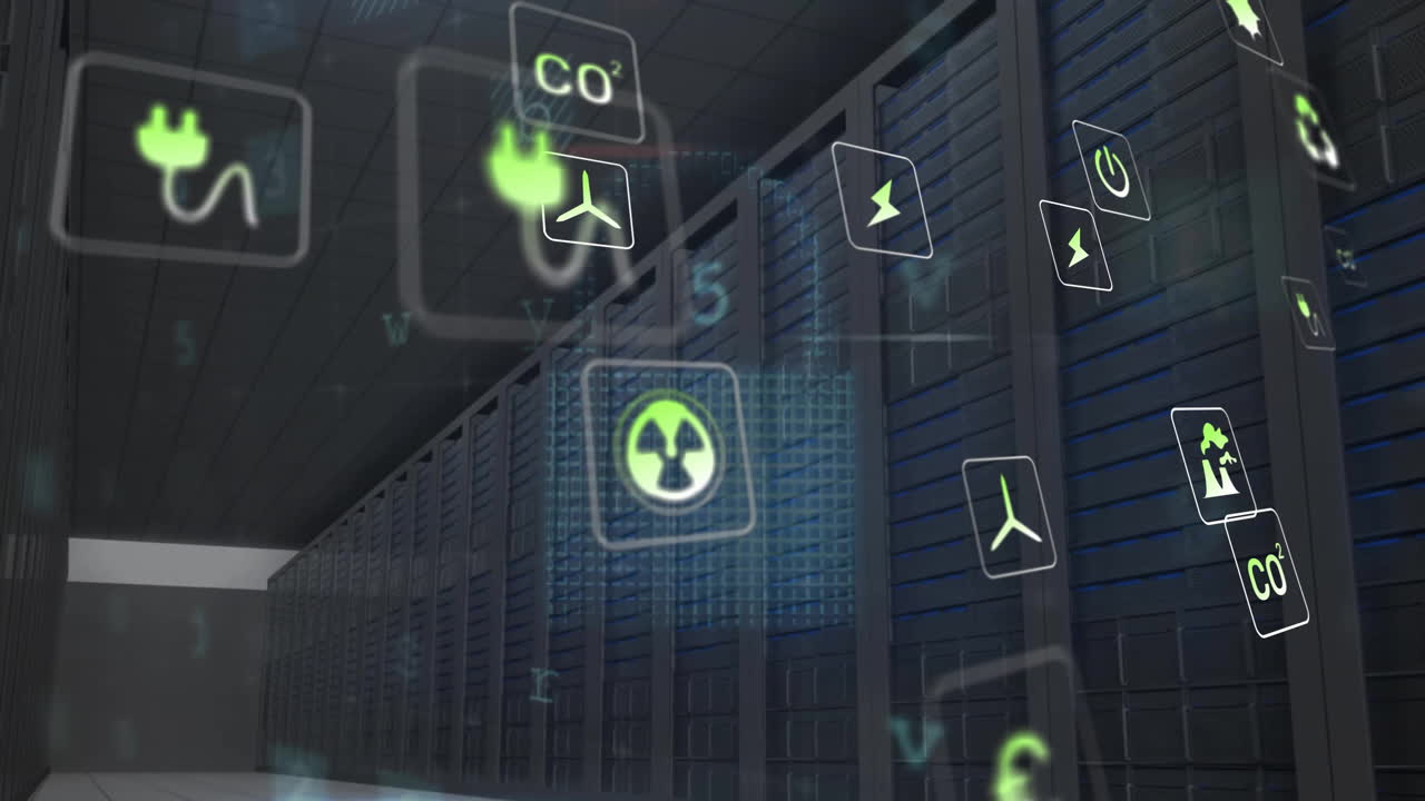 animación de iconos ecológicos y procesamiento de datos a través de servidores informáticos.