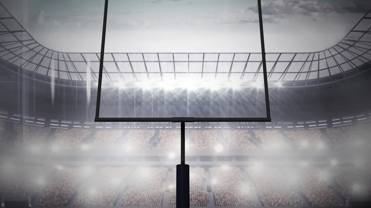 Animation of american football goalposts and cloudy sky at floodlit stadium