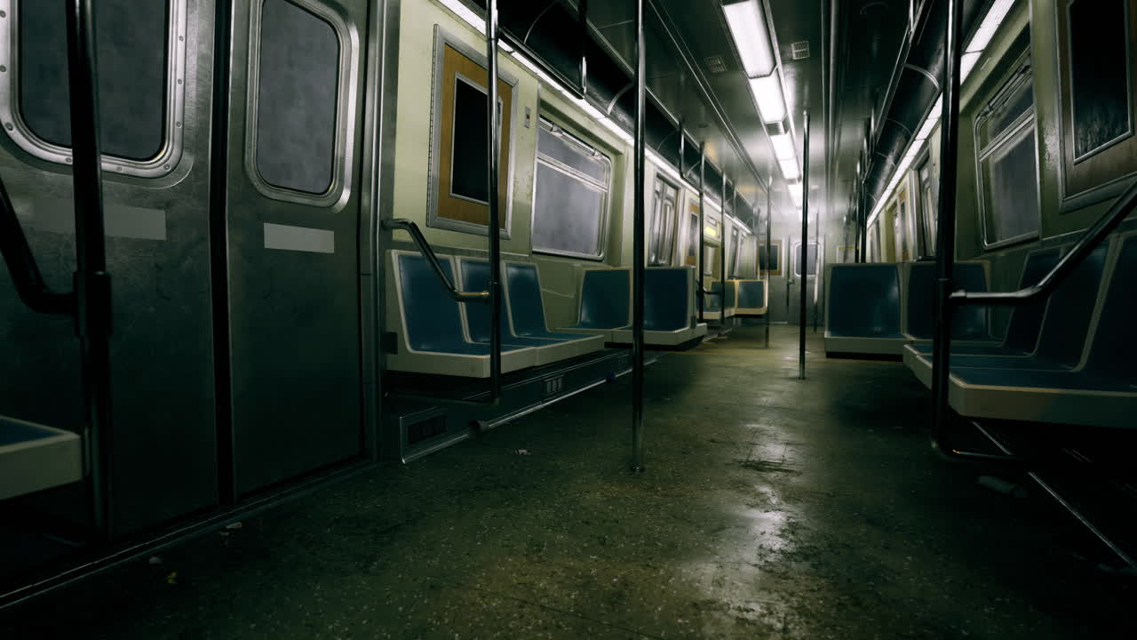 Interni di una metropolitana urbana durante le ore notturne, con un'atmosfera desolata