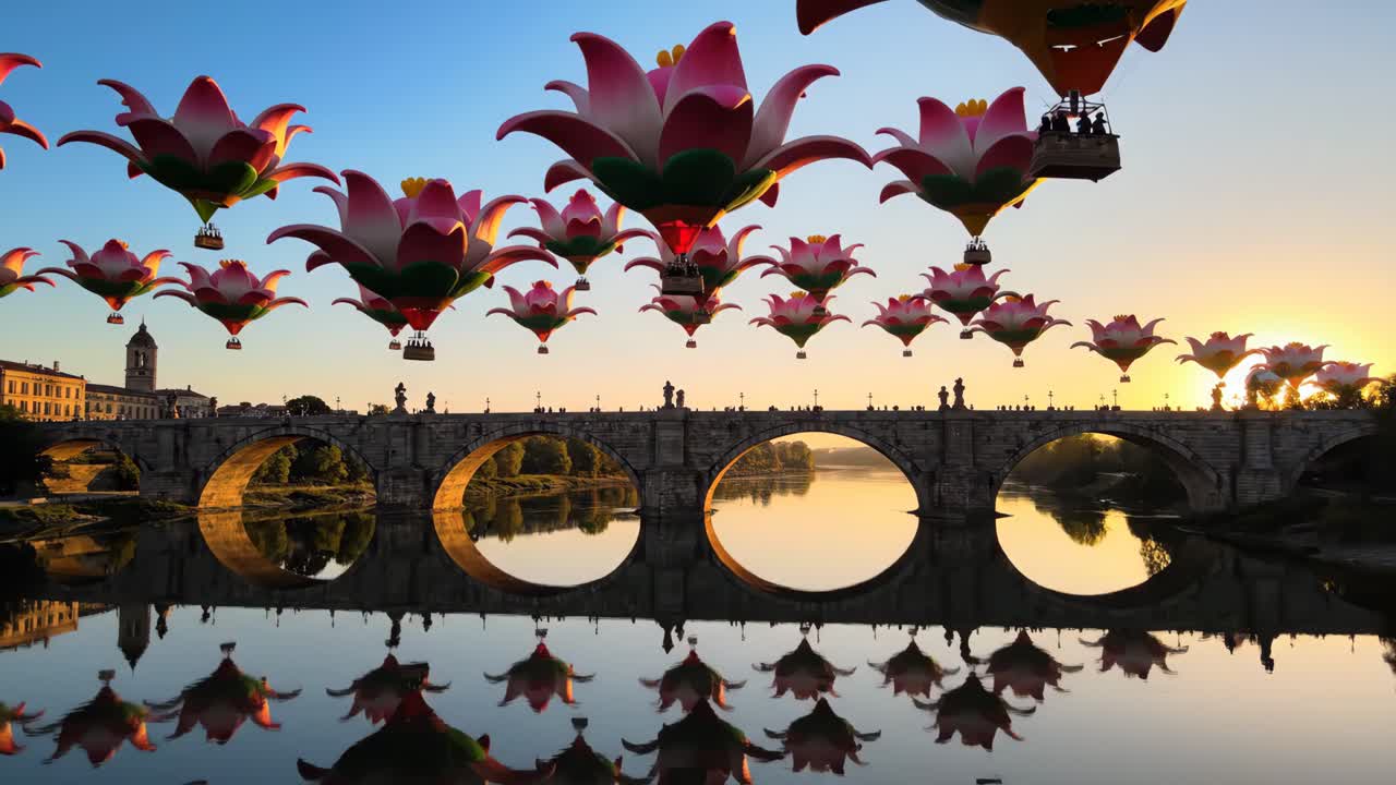 Hot Air Balloons Over a Bridge at Sunset
