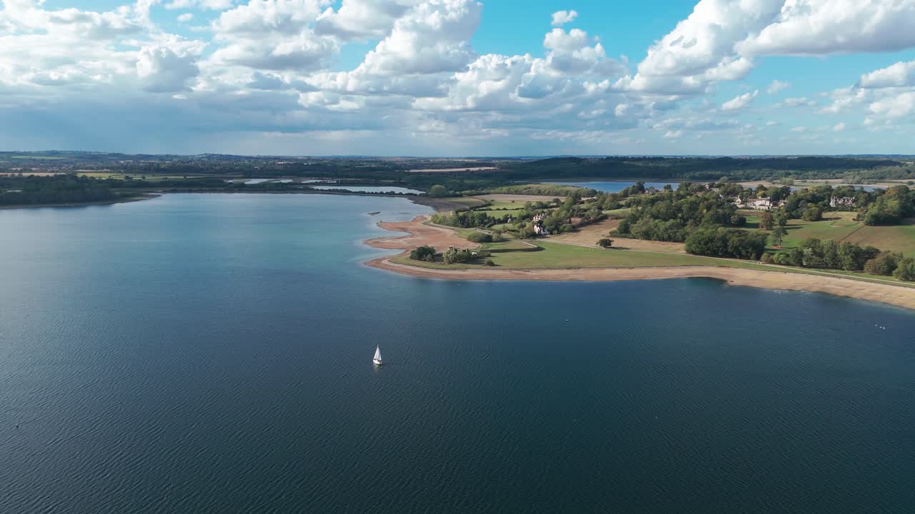 Rutland Water largest reservoir in England United Kingdom rural countryside aerial drone