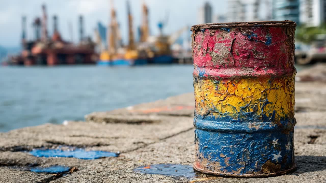 Weathered Barrel with Colorful Venezuelan Flag Motif Reflects Resilience Amidst Towering Industrial Structures in Background, Capturing the Essence of Coastal Industry