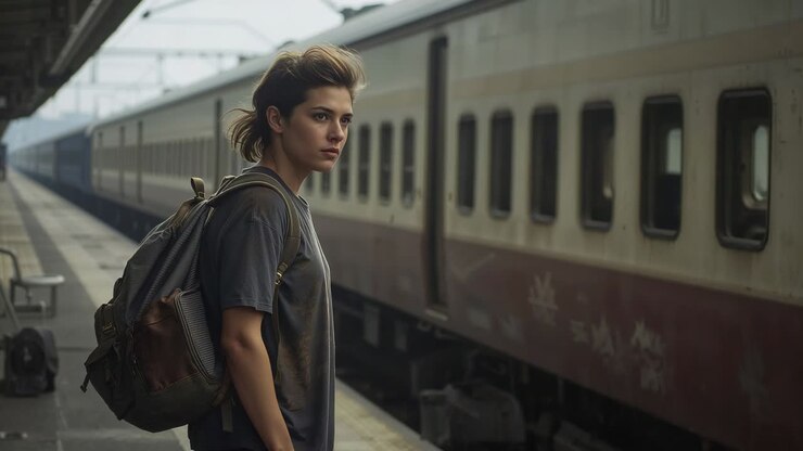 Seeing train, woman watching at platform, holding backpack and satchel, waiting to board