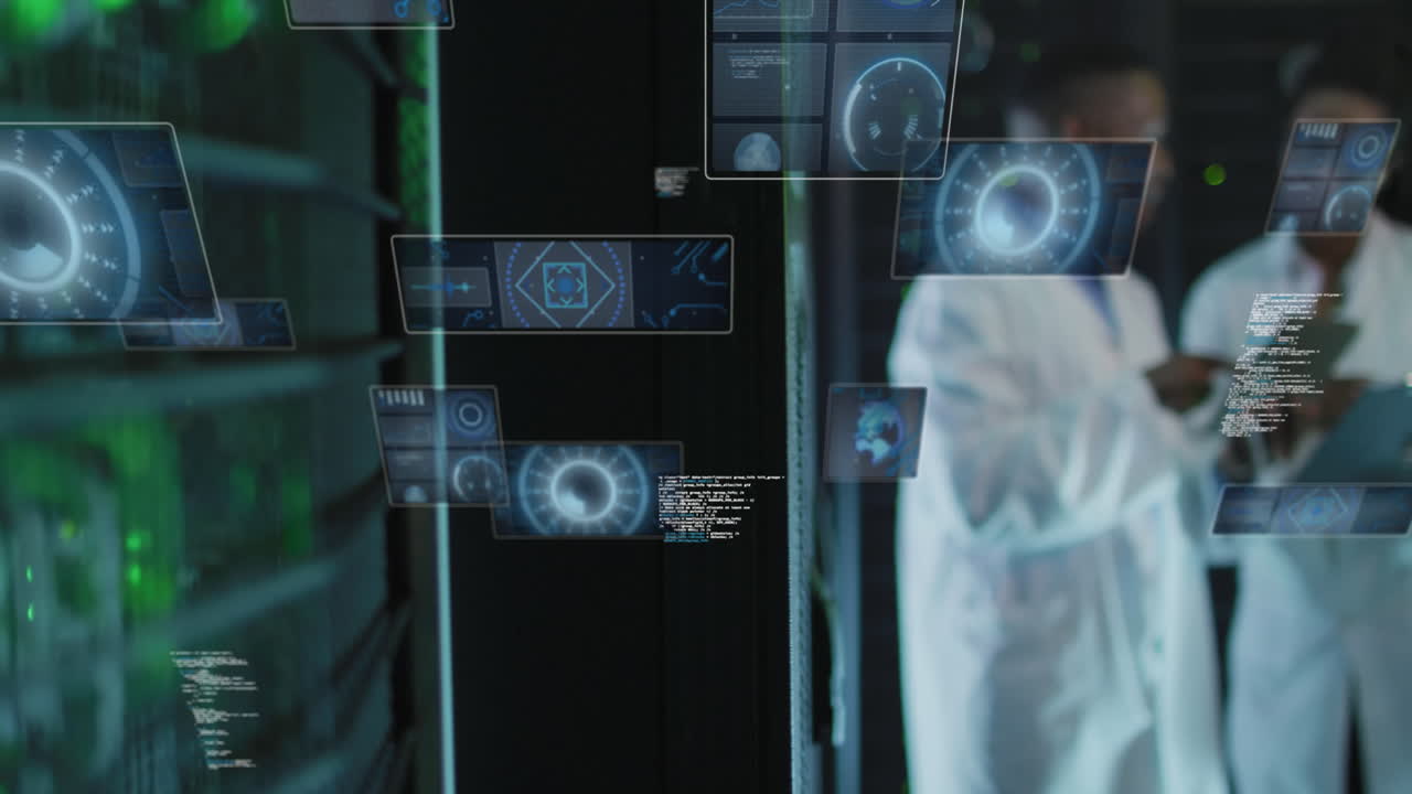 animación del procesamiento de datos a través de diversos técnicos informáticos por servidores informáticos.