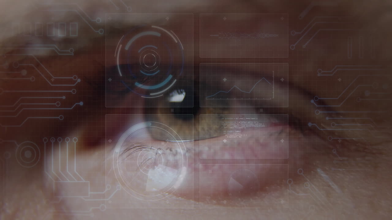 Human eye glowing with futuristic HUD overlays, revealing data charts and circuit traces