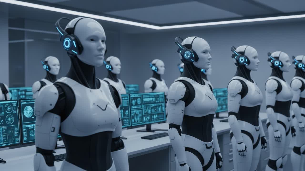 A Highly Advanced Assembly of Humanoid Robots Equipped with Headsets and Monitoring Screens in a Futuristic Environment for AI Operations