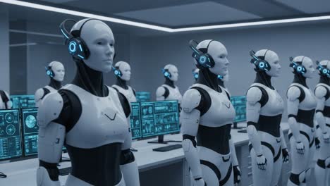 a highly advanced assembly of humanoid robots equipped with headsets and monitoring screens in a futuristic environment for ai operations