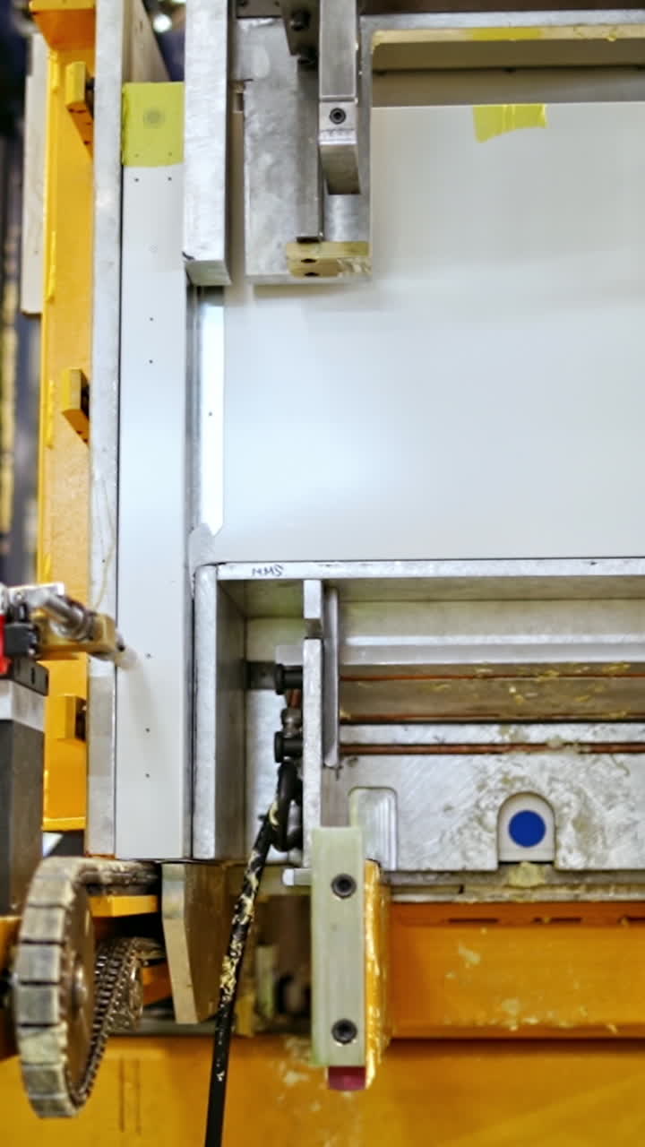 Robotic equipment at work. Modern factory indoors. Upgraded technology inside the plant. Close-up industrial process. Vertical video