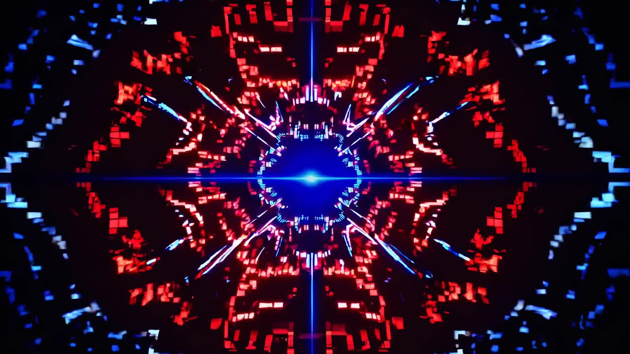 Futuristic digital video art with a kaleidoscopic design. Aerial view captures vibrant red and blue
