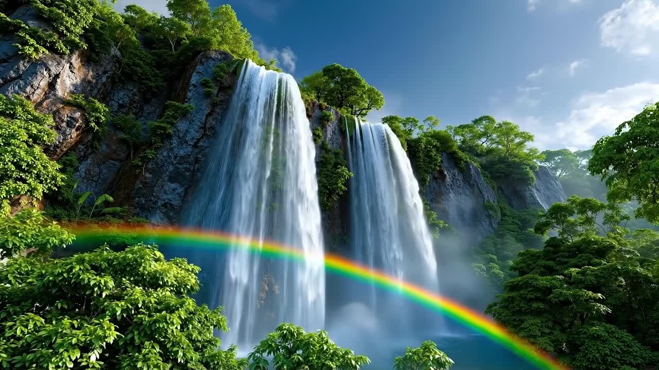 una gran cascada con un arco iris en el medio