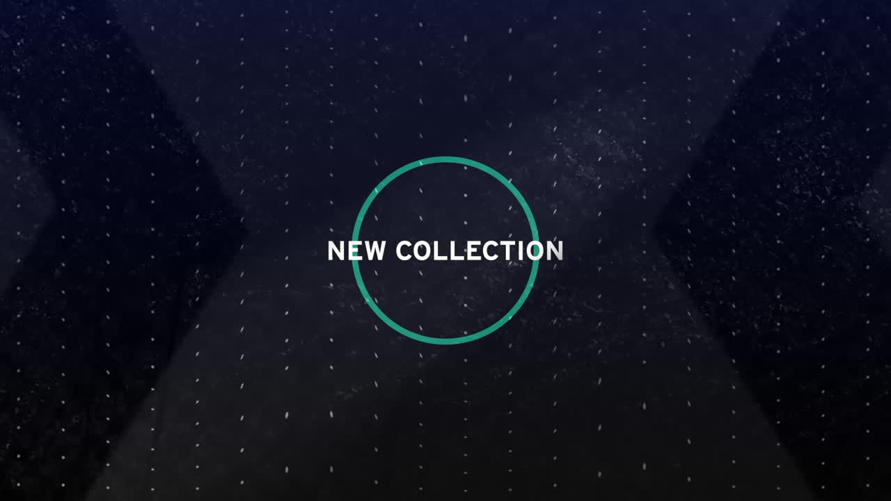 Animation of new collection text over moving blue circles on dark background