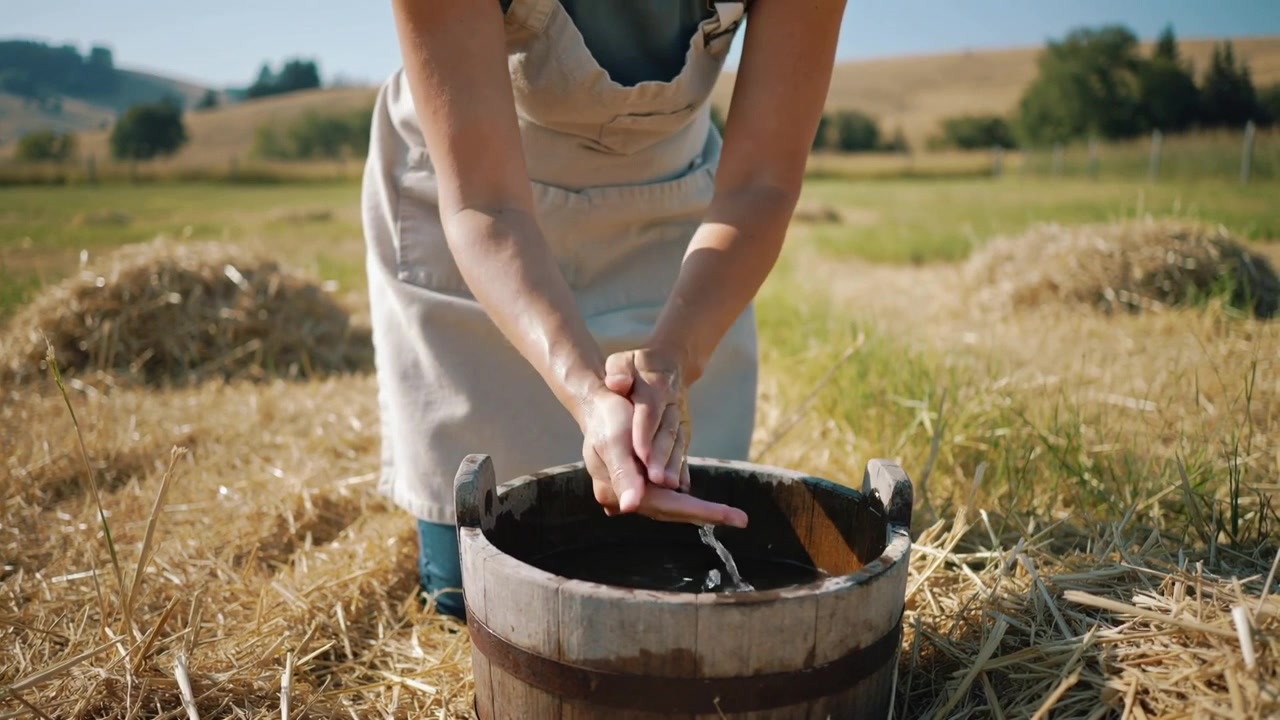Donna che si sciacqua le mani con le braccia immerse sopra un secchio di legno in un campo, indossando un grembiule