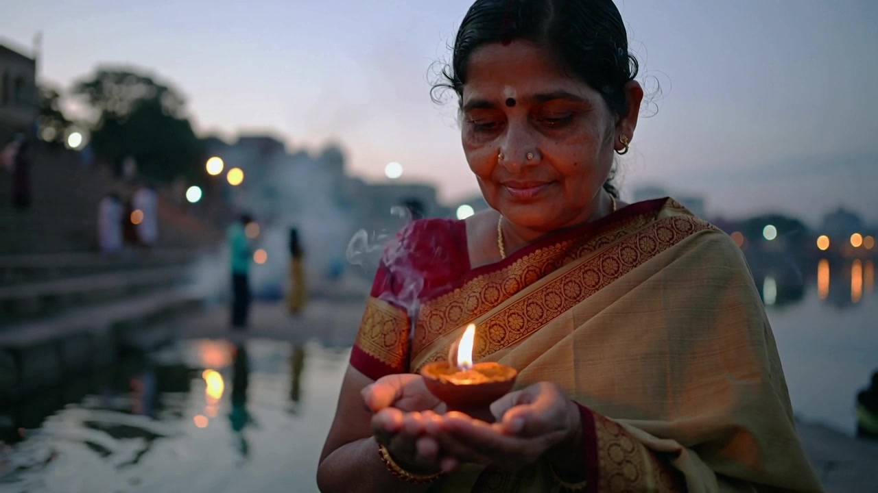 Holding Indian woman steadying lit diya as dusk deepening on river ghat, with sari and bangles