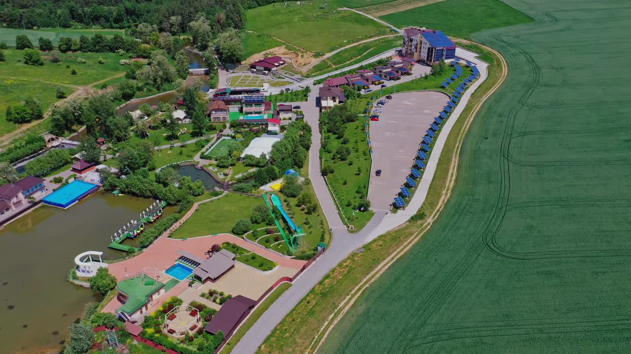 Aerial view of recreational facilities. Aerial view of resort area in suburban district