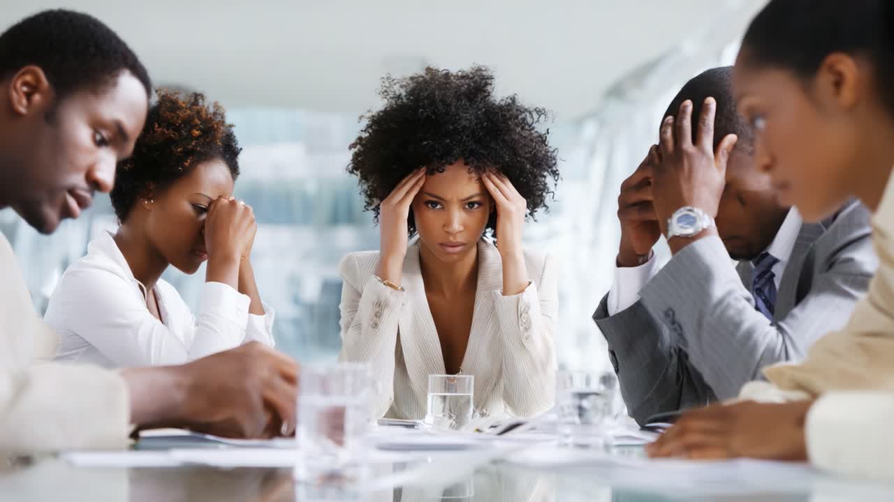 A tense meeting unfolds as participants express their frustration and contemplation, highlighting the emotional toll of professional challenges during a critical discussion among colleagues