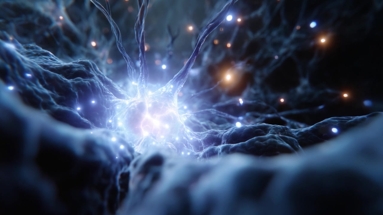 High-Resolution Visualization of Neurons and Synapses in a Dynamic Neural Network, Showcasing Intricate Structures and Electric Activity Within a Cellular Environment