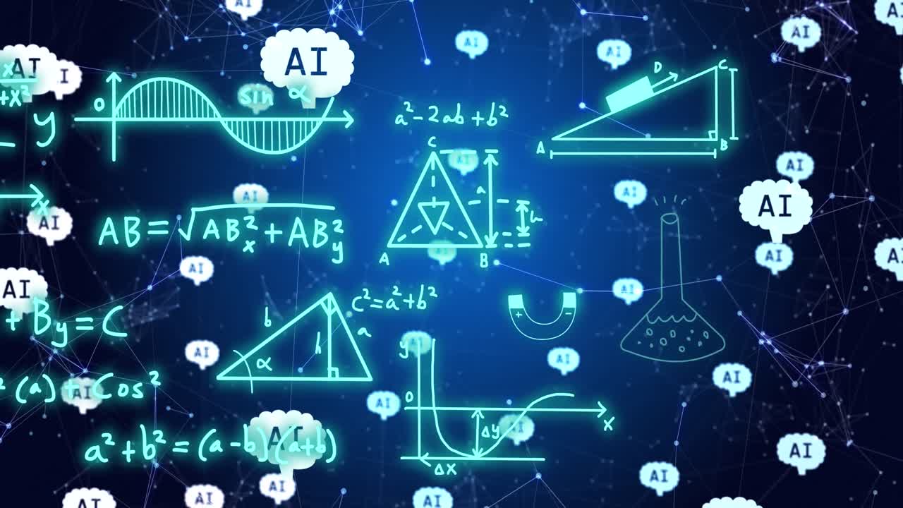 Animation of ai text and icon, data processing over mathematical equations