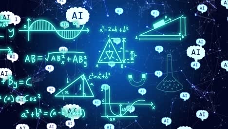 animation of ai text and icon, data processing over mathematical equations