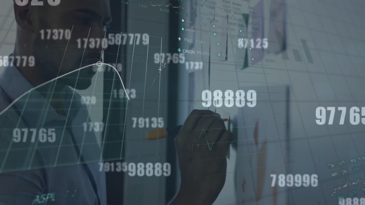 Changing numbers and financial data processing against man writing on memo notes on white board