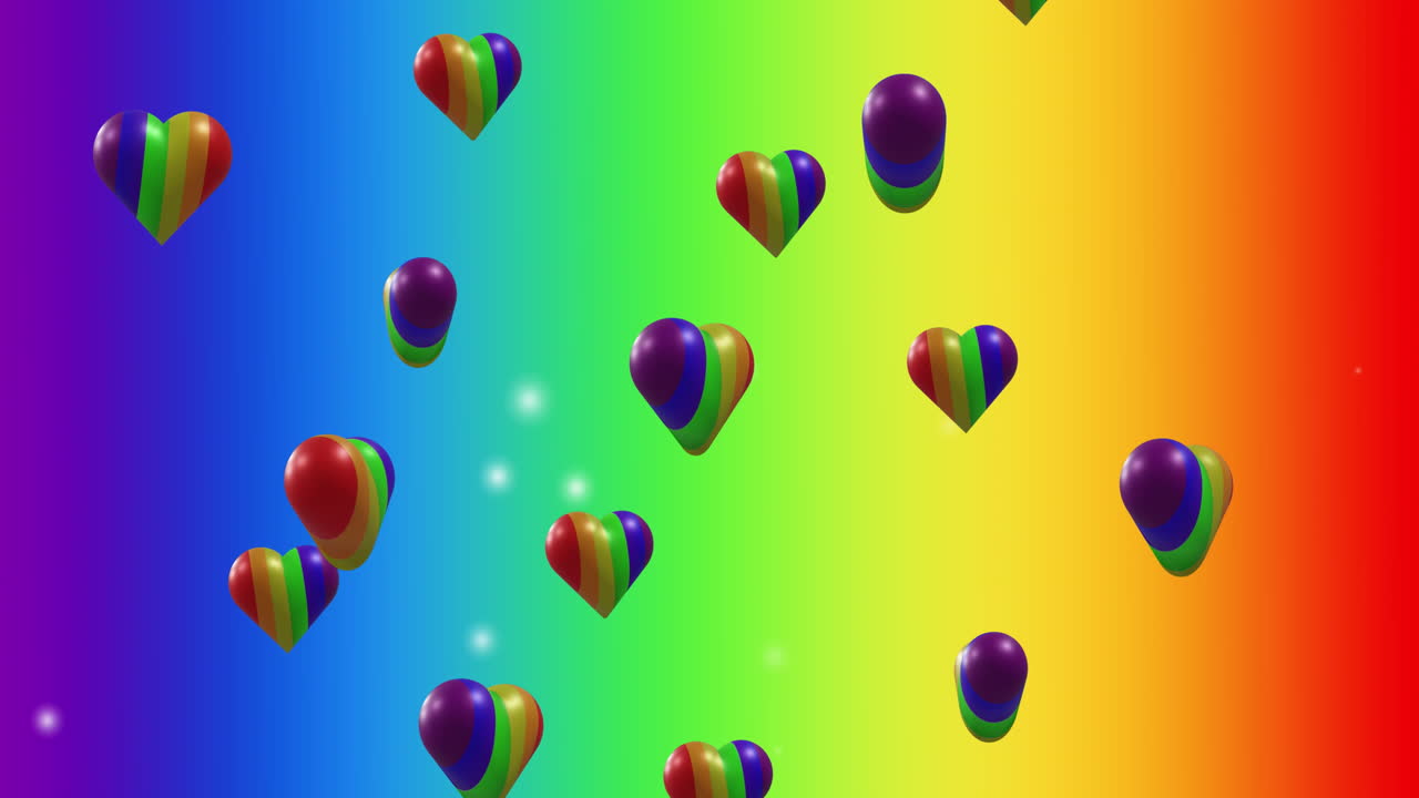 Animación de corazones arcoíris sobre un fondo de arcoíris