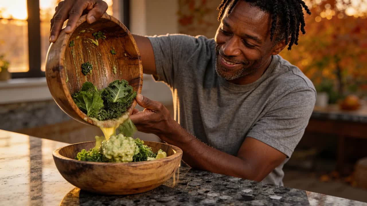 Kantelend beeld: Zwarte man van middelbare leeftijd giet salade tussen houten kommen aan het aanrecht, warm licht.